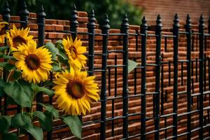 sunflowers in front of a brick fence. AI-Generated photo