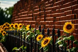 sunflowers are growing along a fence near a brick wall. AI-Generated photo