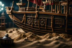 a model of a pirate ship in the sand. AI-Generated photo