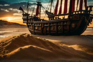 a model pirate ship sits on the sand at sunset. AI-Generated photo