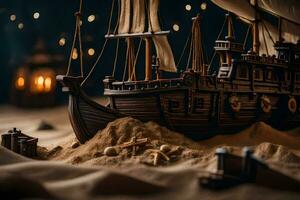 a model ship in the sand with lights. AI-Generated photo