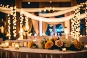 a table with candles and flowers in front of a white backdrop. AI-Generated photo