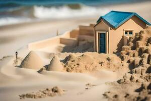 a small house on the beach with sand. AI-Generated photo