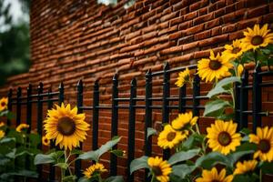 girasoles son creciente en frente de un ladrillo pared. generado por ai foto