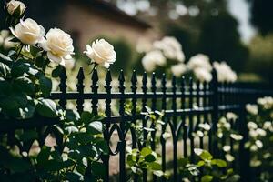 white roses are growing on a black fence. AI-Generated photo