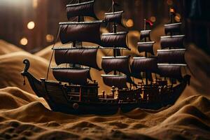 a model of a pirate ship on a sandy beach. AI-Generated photo