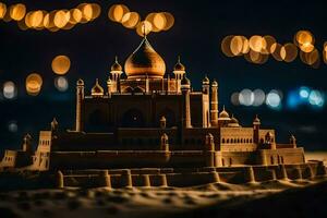 un arena castillo es iluminado arriba a noche. generado por ai foto