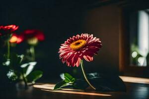 un rojo flor sentado en un mesa en frente de un ventana. generado por ai foto