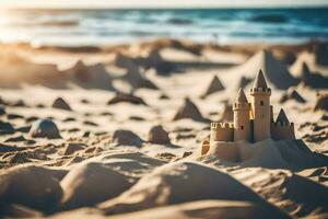 sand castles on the beach at sunset. AI-Generated photo