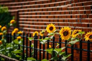 sunflowers are growing along a fence near a brick wall. AI-Generated photo