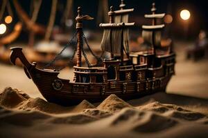 a model ship is sitting on sand in front of a light. AI-Generated photo