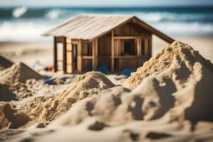 un pequeño de madera casa se sienta en el arena en el playa. generado por ai foto