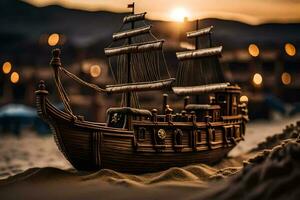 a model of a pirate ship on the beach. AI-Generated photo