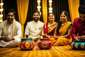 a group of people in traditional indian attire sit around a table with colorful pots. AI-Generated photo