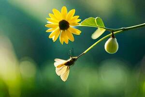 a butterfly and a sunflower are on a branch. AI-Generated photo