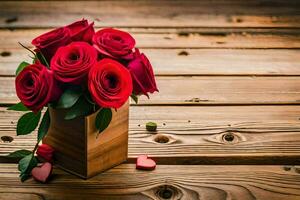 red roses in a wooden box on a wooden table. AI-Generated photo