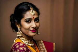 a beautiful indian woman in a traditional sari. AI-Generated photo