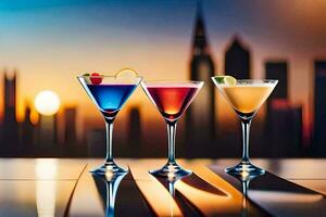 three cocktails in front of a city skyline. AI-Generated photo