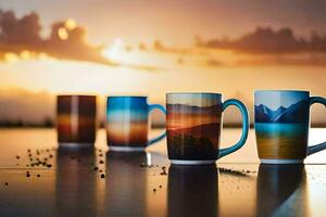 five coffee mugs with different pictures on them. AI-Generated photo