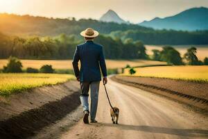 un hombre caminando su perro abajo un suciedad la carretera. generado por ai foto