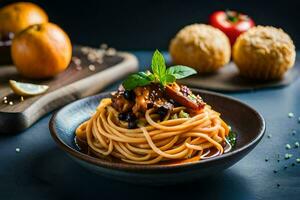 spaghetti with meat and vegetables in a bowl. AI-Generated photo