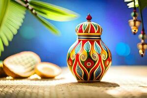 colorful vase with palm leaves and other decorations. AI-Generated photo