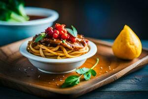 spaghetti with tomato sauce and basil leaves on a wooden plate. AI-Generated photo
