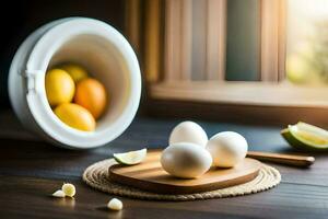 a bowl of eggs, lemons and a knife on a table. AI-Generated photo