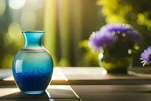 a blue vase with purple flowers on a table. AI-Generated photo