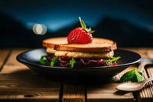 a sandwich with strawberries and cheese on a plate. AI-Generated photo