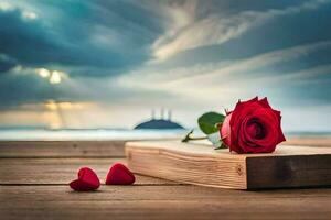 un rojo Rosa se sienta en un de madera mesa con corazones en el suelo. generado por ai foto