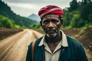 a man in a red turban stands on a dirt road. AI-Generated photo