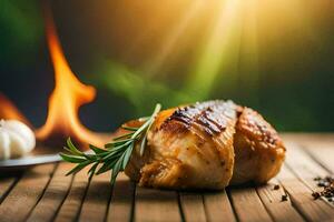 grilled chicken on a wooden table with a flame. AI-Generated photo