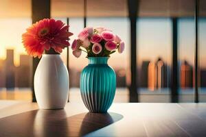 two vases with flowers on a table in front of a cityscape. AI-Generated photo