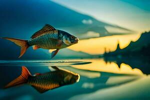 un pescado es reflejado en el agua a puesta de sol. generado por ai foto