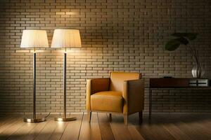 a chair and lamp in front of a brick wall. AI-Generated photo