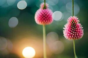 two pink flowers are hanging from a string. AI-Generated photo