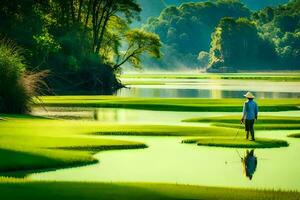 a man standing on a grassy bank of water. AI-Generated photo