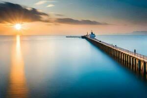 a long exposure photograph of a pier at sunset. AI-Generated photo