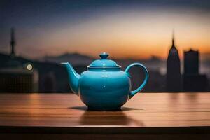 a teapot on a table in front of a cityscape. AI-Generated photo