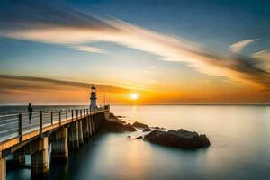 a lighthouse at sunset with a long exposure. AI-Generated photo