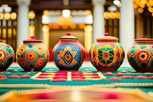 colorful pots on a table with colorful designs. AI-Generated photo