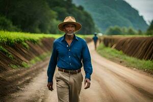 a man in a hat walks down a dirt road. AI-Generated photo