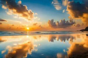 sunset on the beach, reflection, clouds, water, sky, beach, the ocean,. AI-Generated photo