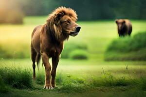 a lion is walking in the grass with another lion. AI-Generated photo