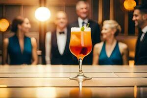 a cocktail on a bar table with people in the background. AI-Generated photo