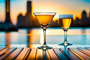 two glasses of beer on a table with a city skyline in the background. AI-Generated photo