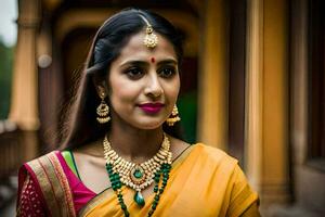 a beautiful indian woman wearing a yellow sari and gold jewelry. AI-Generated photo
