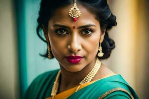 a beautiful indian woman wearing a green sari. AI-Generated photo