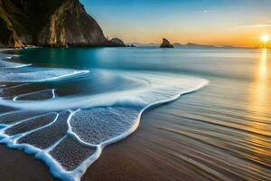 el olas son estrellarse en el playa a puesta de sol. generado por ai foto